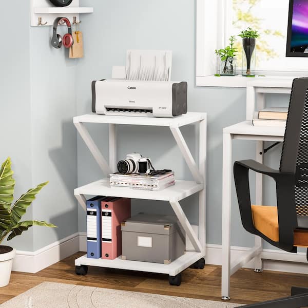 FITUEYES Under Desk Printer Stand with 3 Storage Organizer Compartments,  White Mobile Small Printer Table Work Cart on Removable Casters for Home