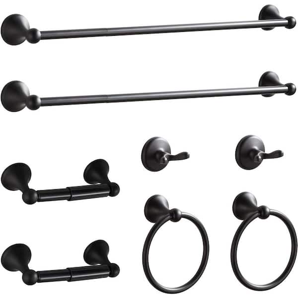 8-Pieces Bath Hardware Set with Adjustable Bathroom Towel Bars, Rings, Robe Hook & Toilet Paper Holder in Matte Black