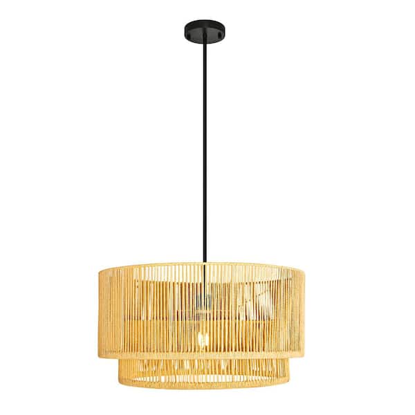 Pia Ricco 21.5 in 1-Light Beige Natural Pendant Light with Rattan Shades