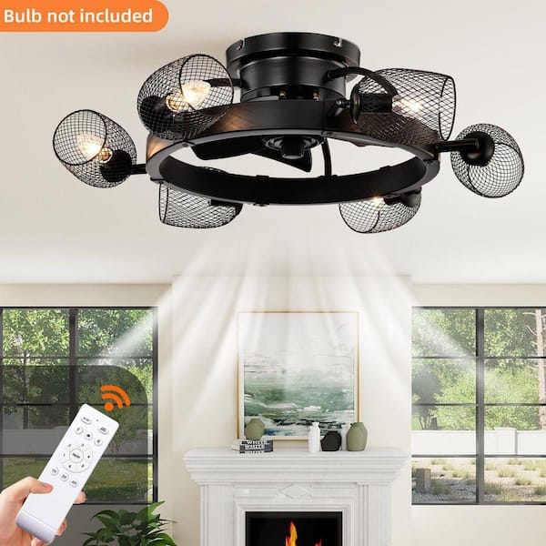 25.8-Inch Black Low Profile Flush Mount Ceiling Fan with Light, DC Motor, Reversible Airflow, Remote Control, Not Bulbs