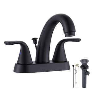 Modern 4 in. Centerset Double-Handle High Arc Bathroom Faucet with Lift Rod Drain Included in Black