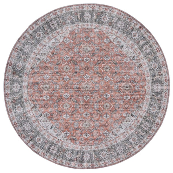 Arizona 6 ft. x 6 ft. Rust/Olive Machine Washable Distressed Ornate Border Round Area Rug