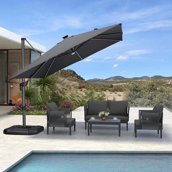 PURPLE LEAF 10 ft. Square Cantilever Patio Umbrella Solar Powered LED Aluminum Offset 360° Rotation Umbrella with Base, Light Gray