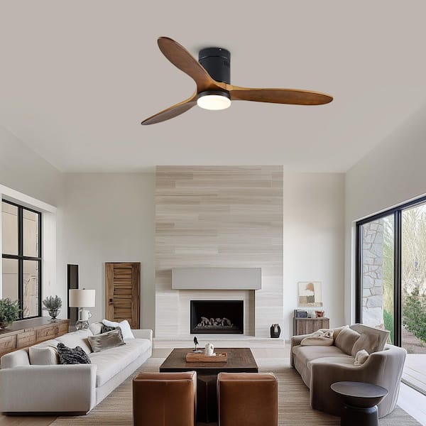 WDETR 52 in. Smart LED Indoor Black Flush Mount Ceiling Fan with 3-Wood Blades, Dimmable Low Profile Ceiling Fan