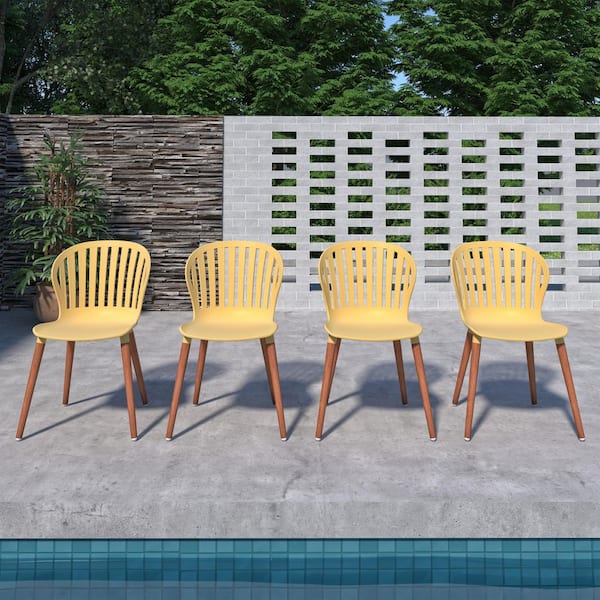 Luna 4-Piece Recycled Resin and Dark Finish Wood Legs Patio Dining Side Chair Set, Yellow