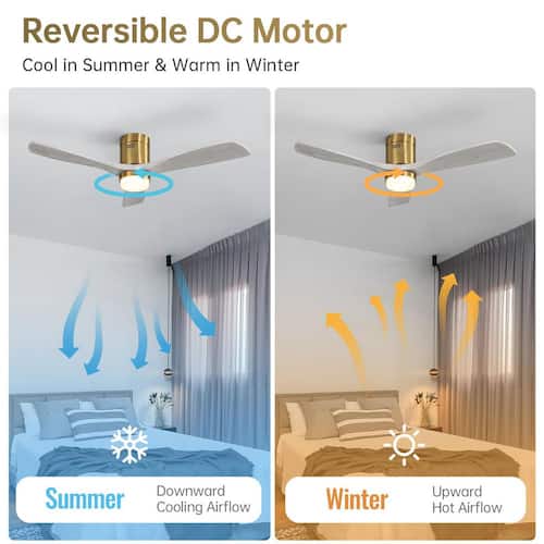52 in. Indoor Gold Flush Mount Wood Ceiling Fan with Light, Adjustable White Integrated LED and Remote Included Ceiling Fans With Lights
