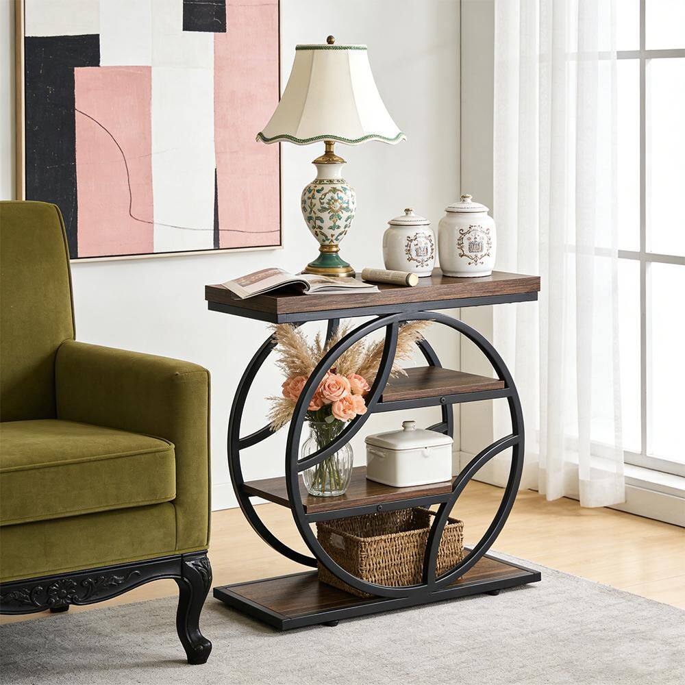25.59 in. Black and Brown Rectangular Wood End Table with 4-Tier Shelf