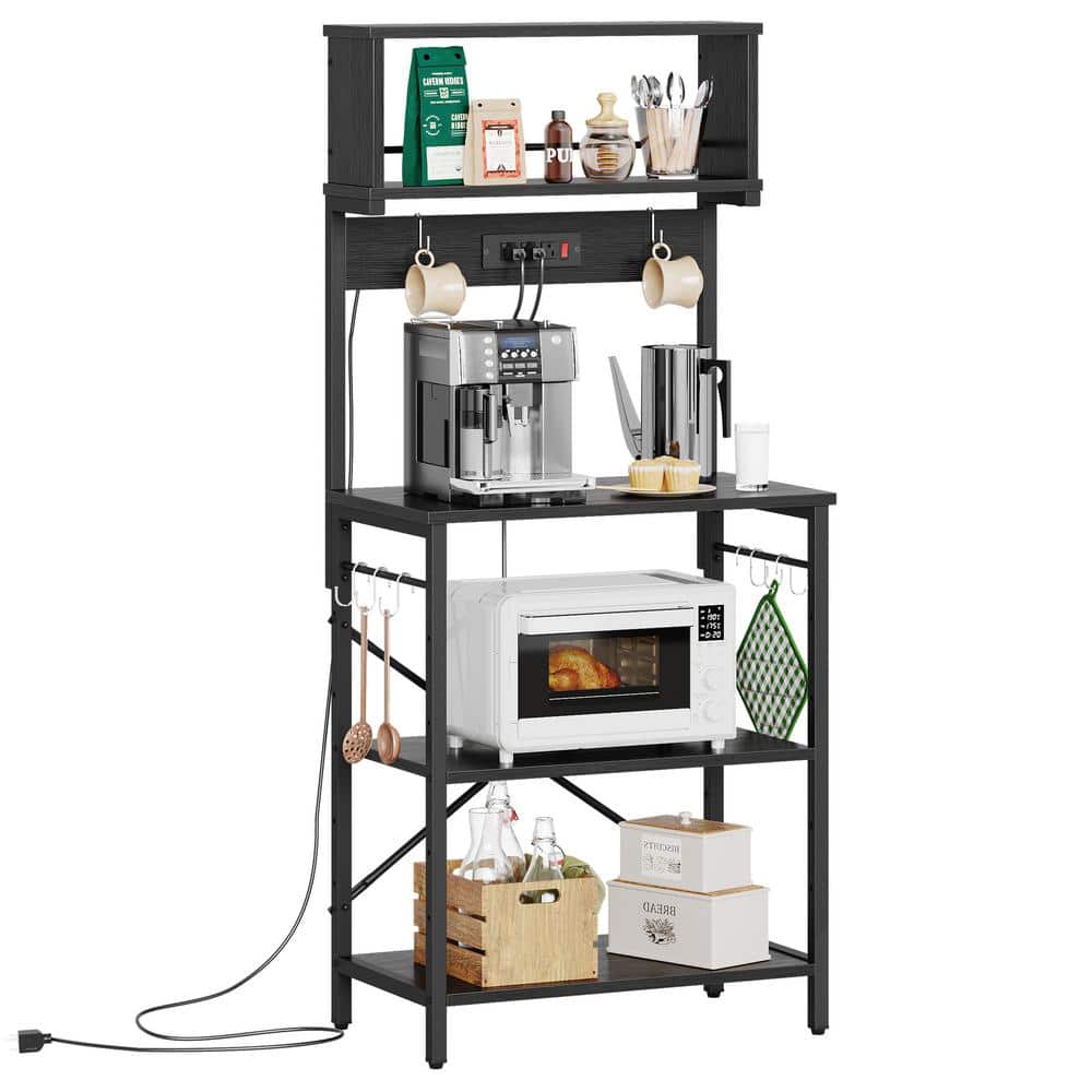 Black 60" Wood Kitchen Baker's Rack with Storage and Power Outlets