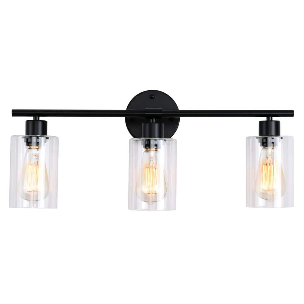 Black Metal 3-Light Vanity with Clear Glass Shades