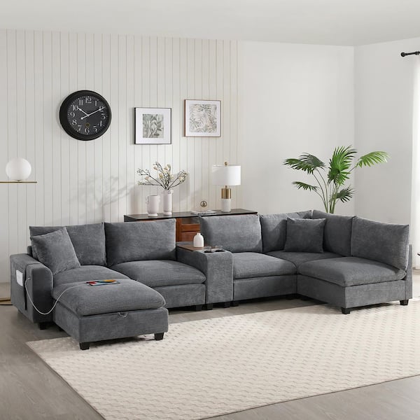 aisword 140 in. U Shaped Chenille 6 Seat Sectional Sofa in Gray with Movable Storage Ottoman, Cup Holder, USB Charger