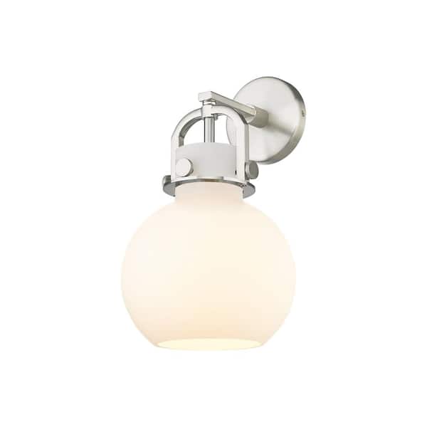 Newton Sphere 1-Light Satin Nickel Wall Sconce with White Glass Shade
