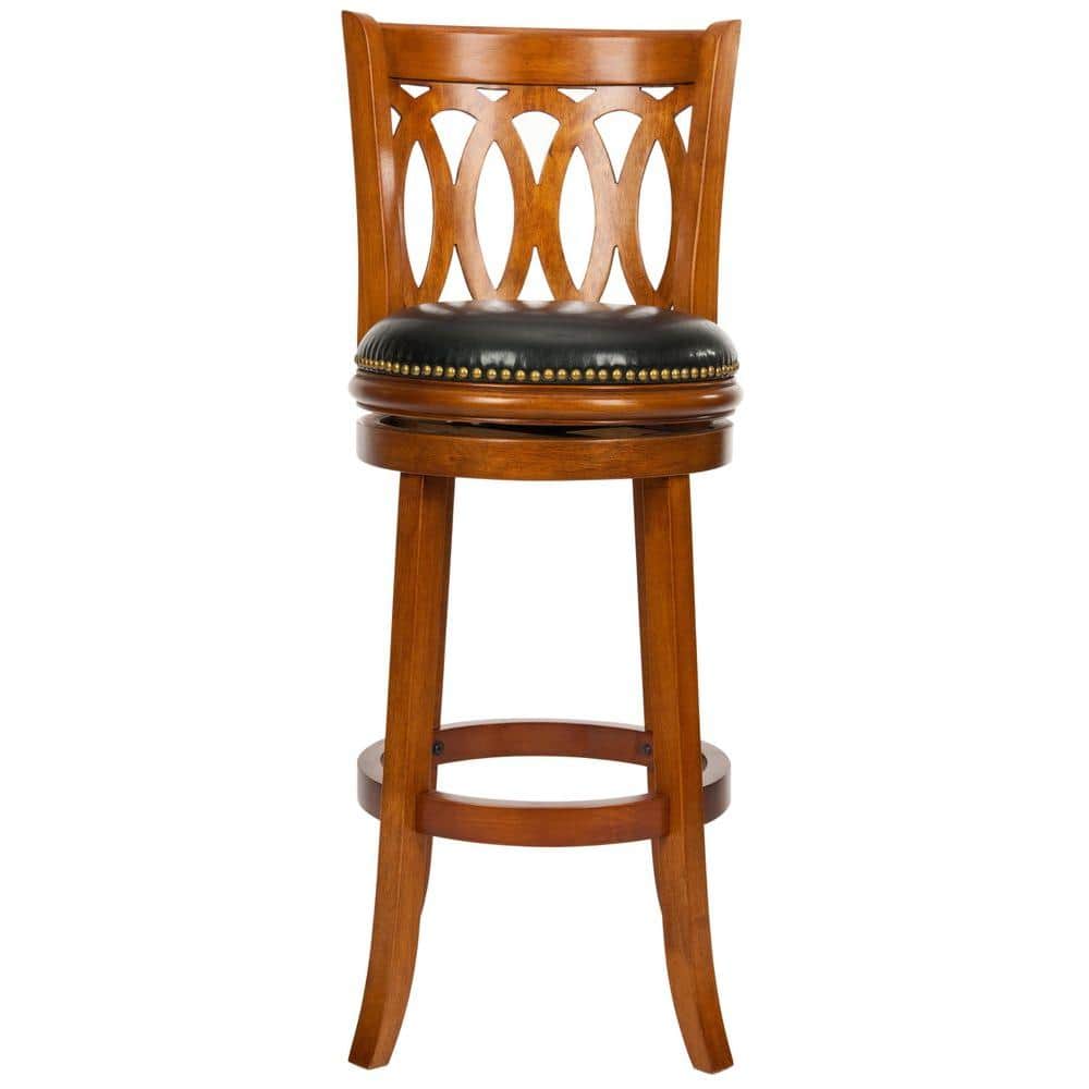 Transitional Baldwin Carved Swivel Barstool in Dark Oak & Black Leather