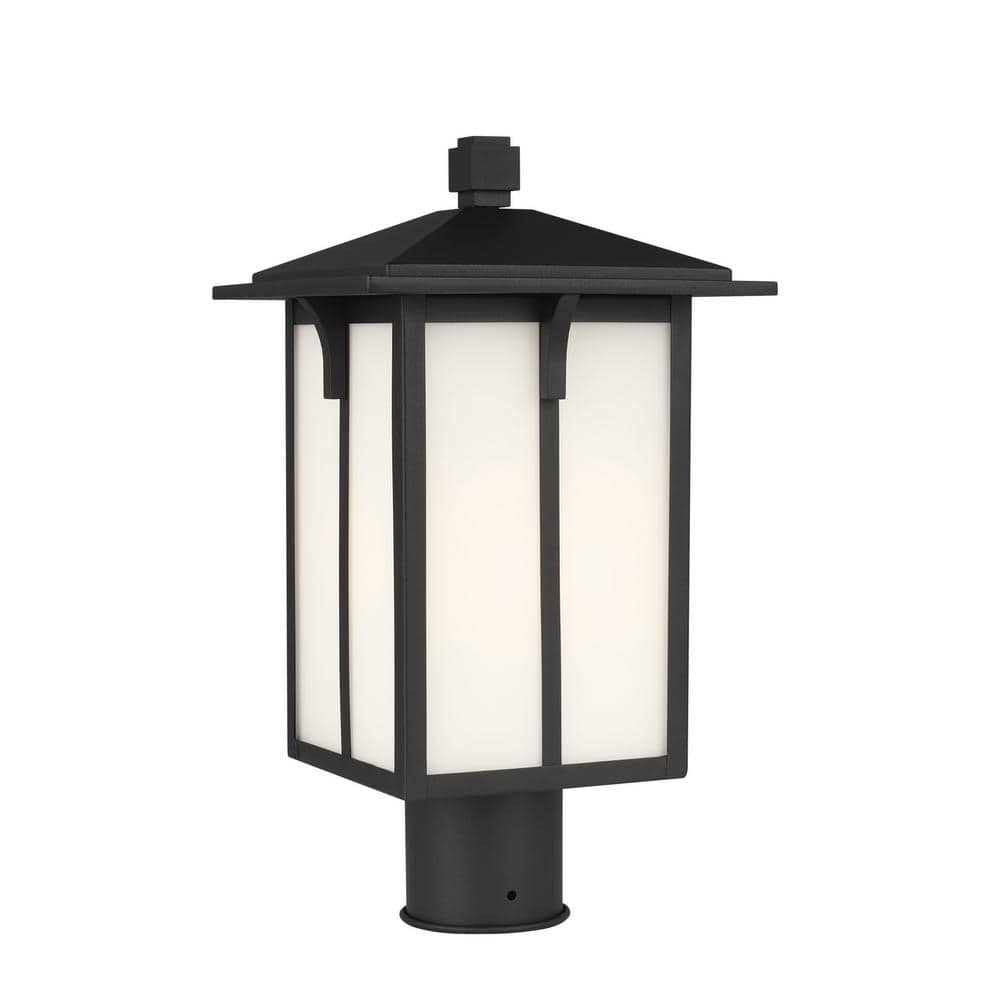 Black Etched Glass 1-Light Outdoor Post Lantern