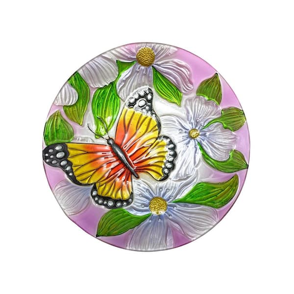 Alpine Corporation Alpine Corporation KBD116A-18 Glass Birdbath with Metal Stand, Floral Butterfly Bird Bath Bowl for Outside, 26 in. H