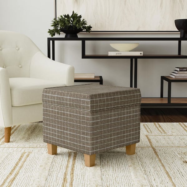 Homepop Brown Window Pane Fabric Square Ottoman with Storage Lift Off Top