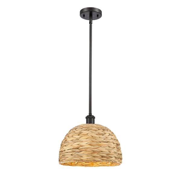 Innovations Woven Rattan 100-Watt 1-Light Oiled Brass Shaded Mini Pendant Light with Rattan Shade