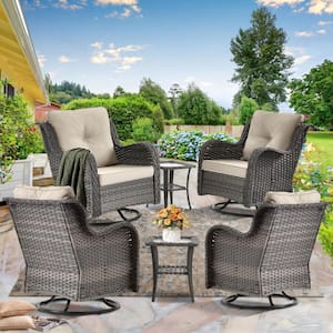 Gray 6 Piece Wicker Patio Conversation Set Swivel Rocking Chairs with Side Table and Beige Cushions