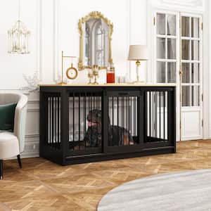 Wooden Large Dog Crate, Heavy Duty Dog Kennel with Sliding Door for Large Medium Small Dog, Black