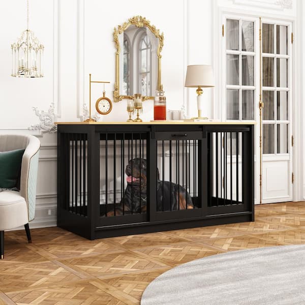 Wooden Large Dog Crate, Heavy Duty Dog Kennel with Sliding Door for Large Medium Small Dog, Black