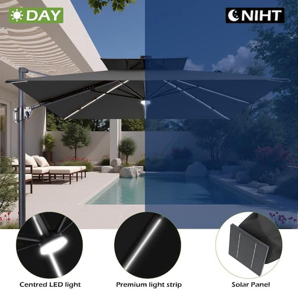 9 ft. x 11 ft. Solar Powder LED Patio Umbrella Dual Top 360° Swivel Cantilever Offset Umbrella with Stand in Black