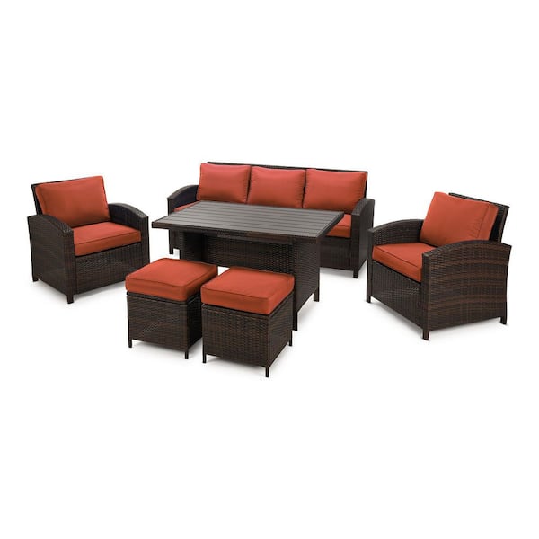 EDYO LIVING 6-Piece Wicker Patio Conversation Set with Orange Cushions