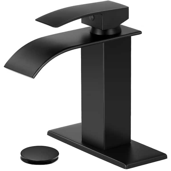 Single Handle Waterfll Spout Single Hole Bathroom Sink Faucet with Pop-up Drain and Deck Plate in Matte Black