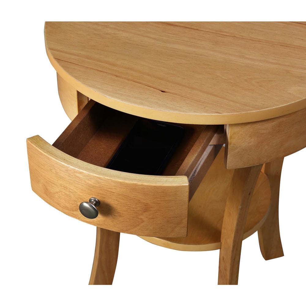 Natural Round Wood End Table with Storage Drawer