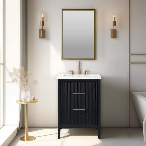 Emma 24 in. W Bath Vanity in Black with Engineered Stone Top in Arabescato with White Sink