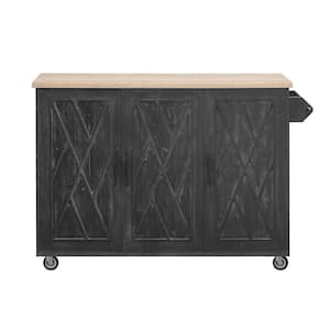 Black Wood 51.2 in. W Kitchen Island with Drop Leaf, Wheels, Internal Storage Rack, Towel Rack