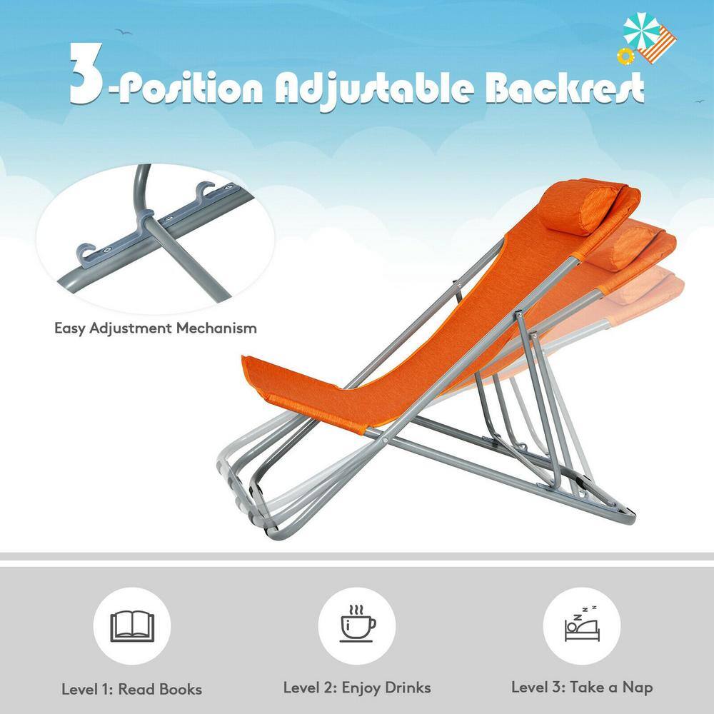 Orange Folding Beach Lounger Set with Adjustable Backrest