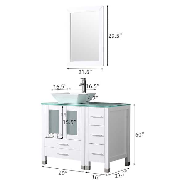 36.4 in. W x 21.7 in. D x 60 in. H Single Sink Bath Vanity in White with Glass Countertop and Ceramic Sink and Mirror