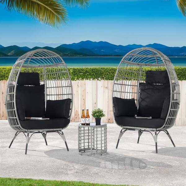 BFB 3-Piece Wicker Round Side Table Outdoor Bistro Set Wicker Egg Chair with Black Cushion