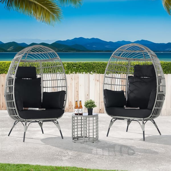 BFB 3-Piece Wicker Round Side Table Outdoor Bistro Set Wicker Egg Chair with Black Cushion