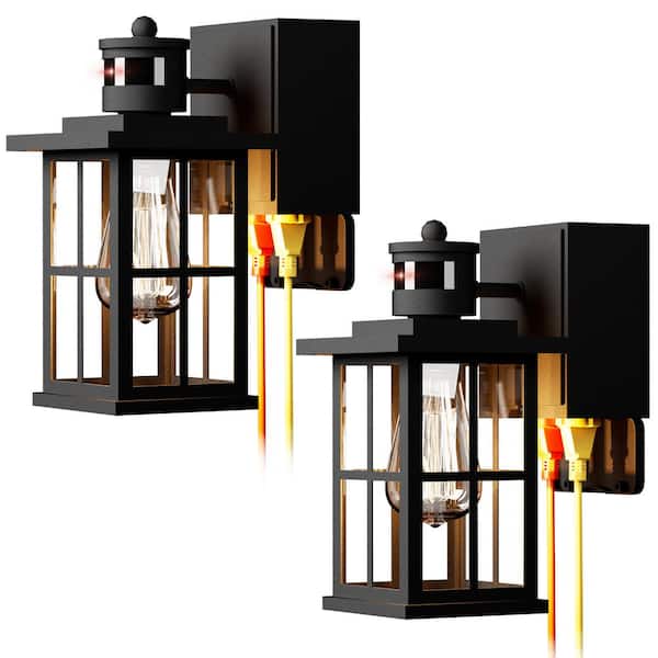 Tivleed 11.55 in. Black Outdoor Motion Sensing Dusk to Dawn Outdoor Hardwired Wall Lantern Scone with No Bulbs Included (2-Pack)