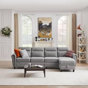 106.69 in. Wide Ash Round-Arm Fabric 4-Seater L Shaped Reversible Sectional Sofa with Side Storage Bags