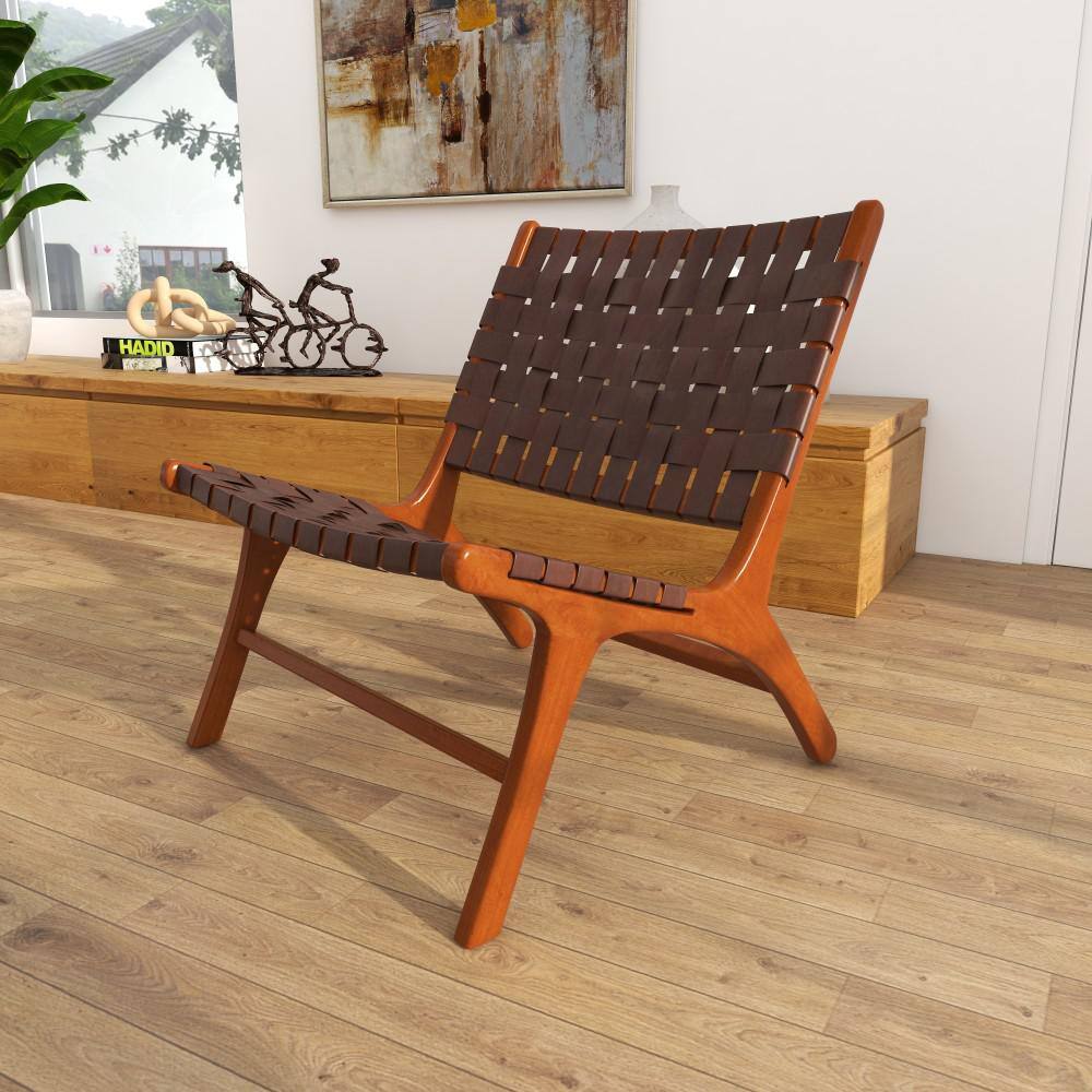 Handcrafted Brown Leather and Wood Slipper Chair