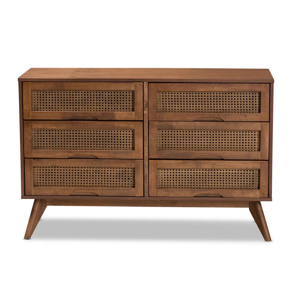 Walnut Brown Mid-Century Modern 6-Drawer Dresser with Rattan