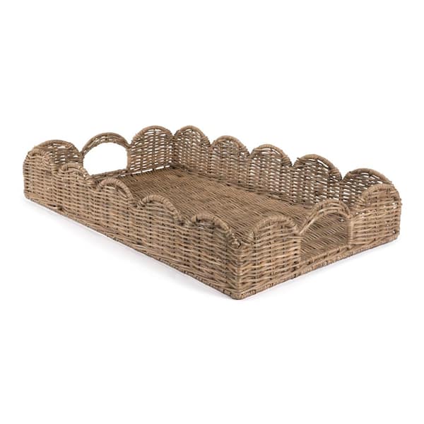 happimess Scalloped 21.5 in. Southwestern Cottage Hand-Woven Rattan Tray with Handles, Natural