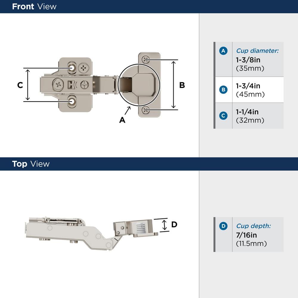 Nickel Finish Adjustable Frameless Cabinet Hinges - 2 Pack
