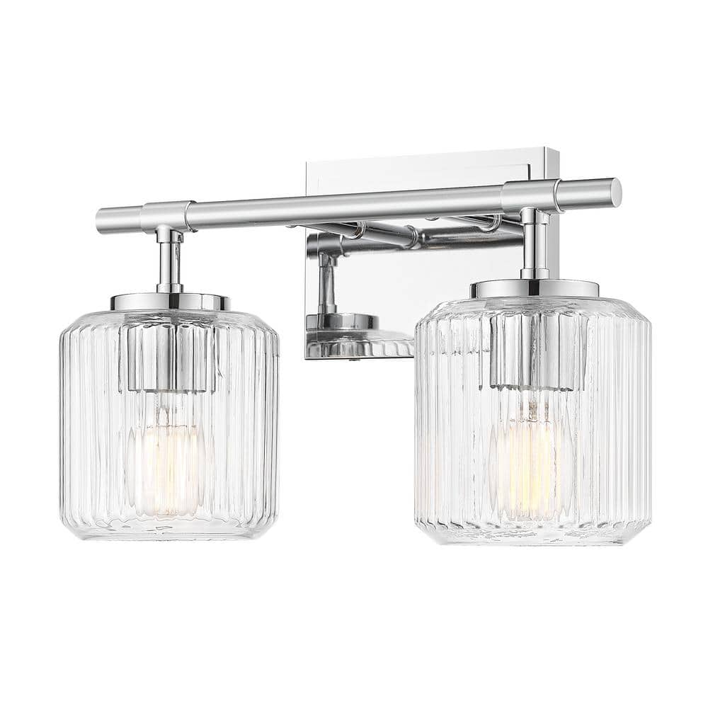 Landon 14 in. 2 Light Chrome Vanity Light with Clear Ribbed Glass Shades