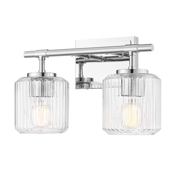 Landon 14 in. 2 Light Chrome Vanity Light with Clear Ribbed Glass Shades