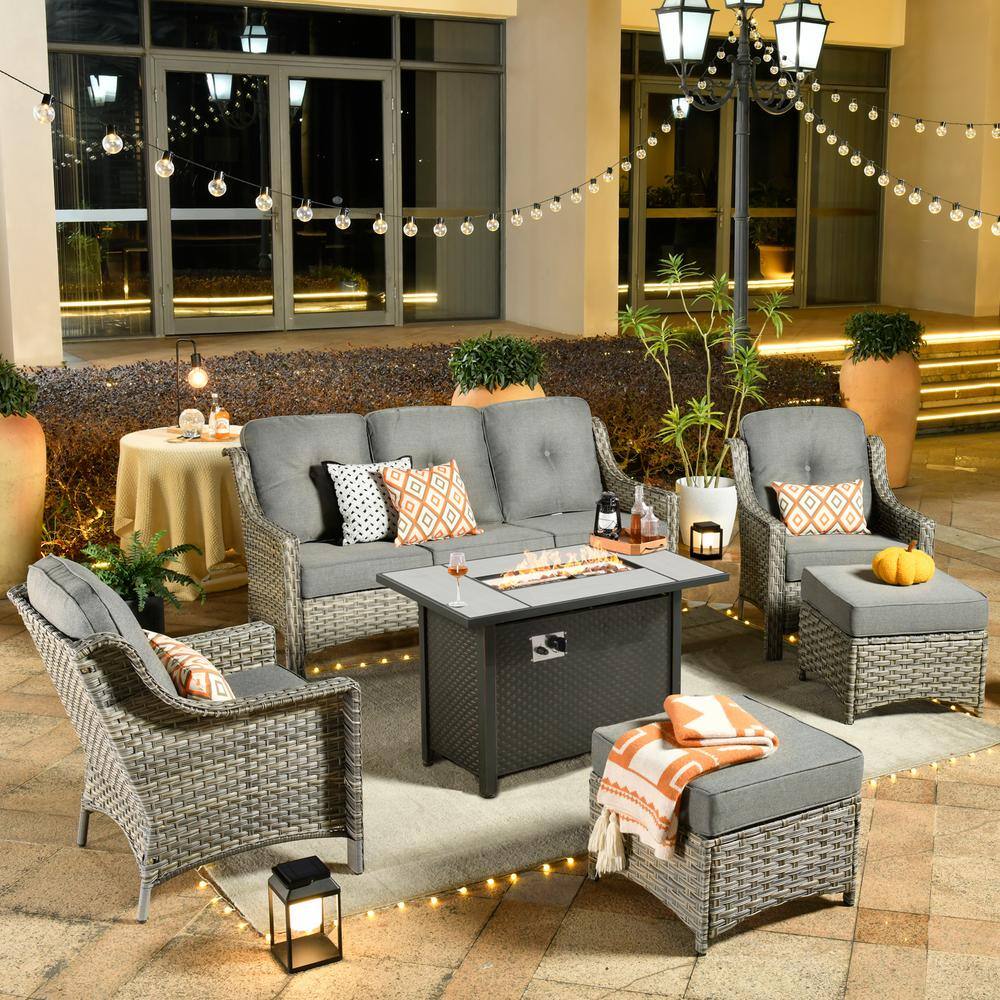 Eureka 6-Piece Modern Wicker Outdoor Patio Conversation Sofa Seating Set with Metal Fire Pit and Dark Gray Cushions price history on PriceWatchPro