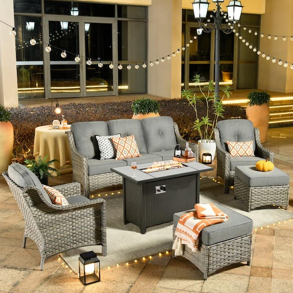 Toject Eureka 6-Piece Modern Wicker Outdoor Patio Conversation Sofa Seating Set with Metal Fire Pit and Dark Gray Cushions