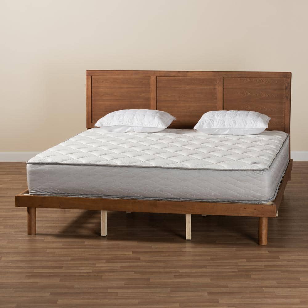 Ash Walnut Finished Wood King Platform Bed with Headboard