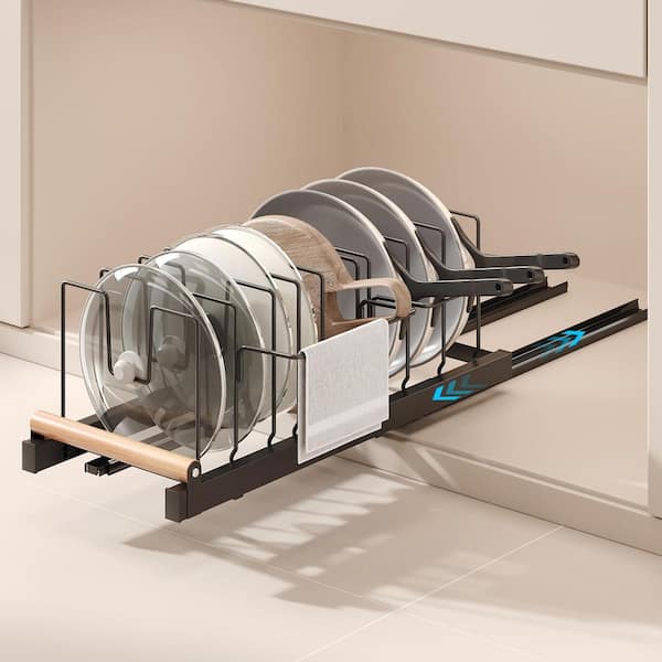 Black Expandable Pull Out Under Cabinet Rack Pot Holder Organizer with Adjustable Dividers and Handle Bracket