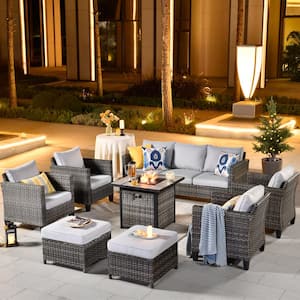 New Vultros Gray 8-Piece Wicker Patio Fire Pit Conversation Seating Set with Gray Cushions