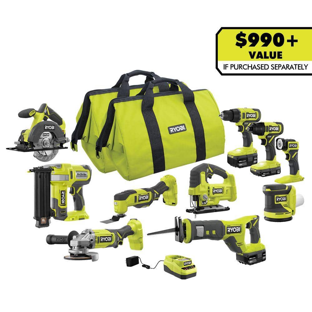 Ryobi ONE+ 18V Cordless 10-Tool Combo Kit with (1) 2Ah Battery, (2) 4Ah Batteries & Charger w/ 300 Piece Drill and Drive Kit