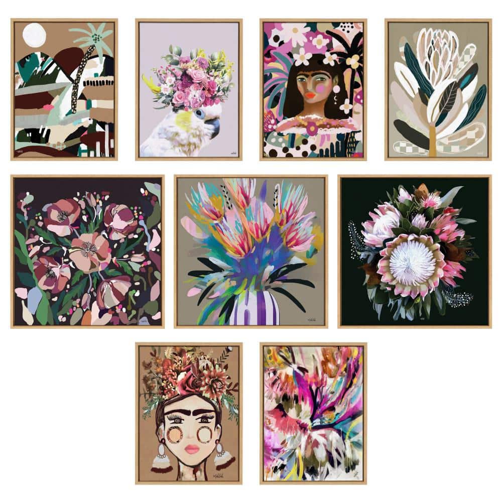 Colorful Abstract Floral Canvas Art Set with Gold Beaded Frame