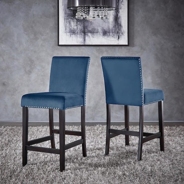 26 in. Blue Nail Head Velvet Upholstered Wood Frame Counter Height Chairs (Set Of 2)