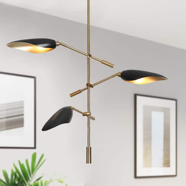 Toltehcwe Modern 3-Light Sputnik Chandelier with Brass and Black Shade, Industrial Adjustable Living Room Pendant Light